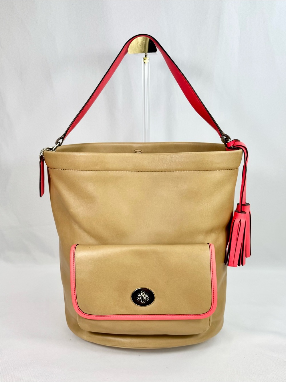 Coach XL Legacy Archival Tan/Coral Pink Leather Bucket Bag #22407
